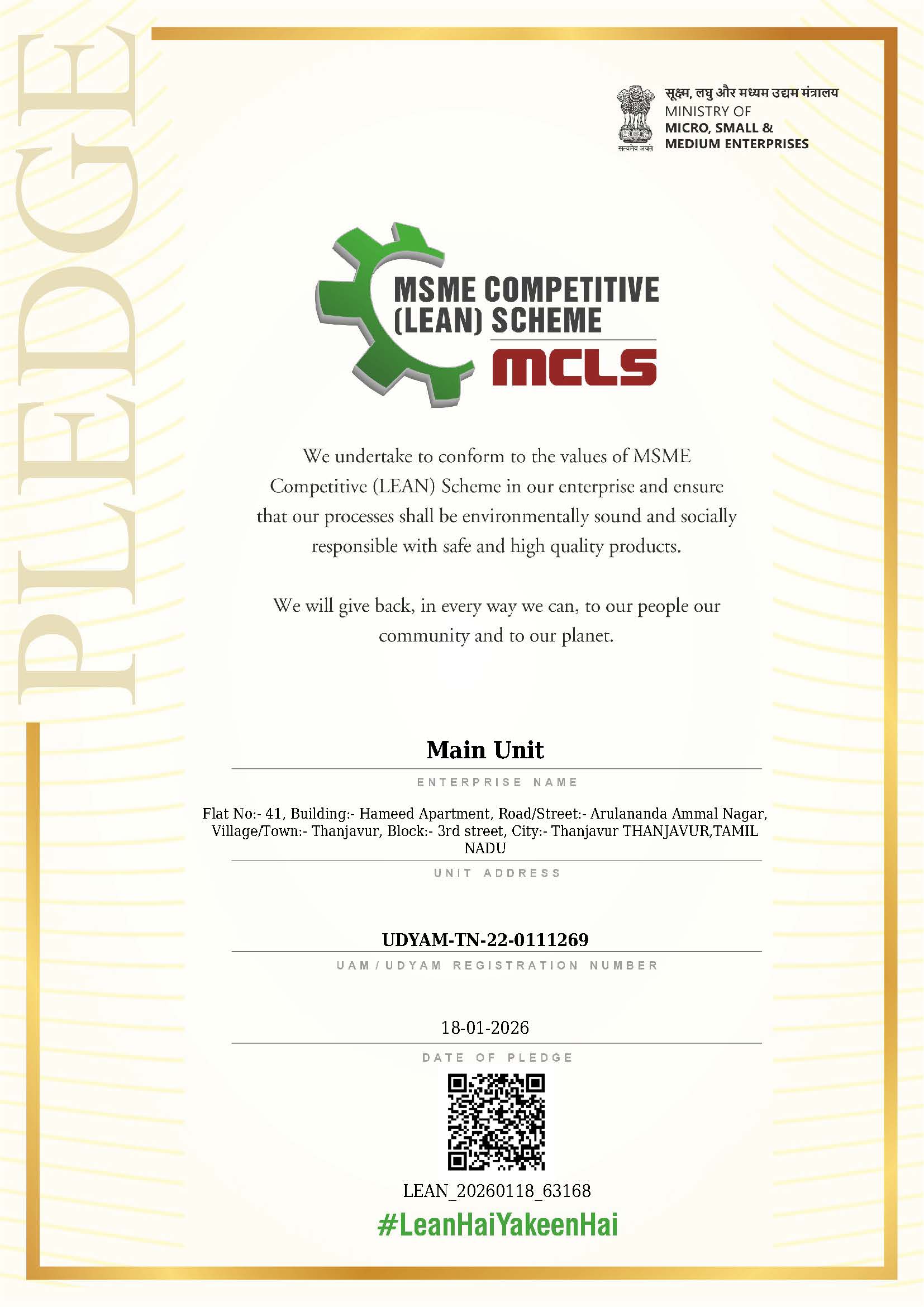 Lean Pledge Certificate