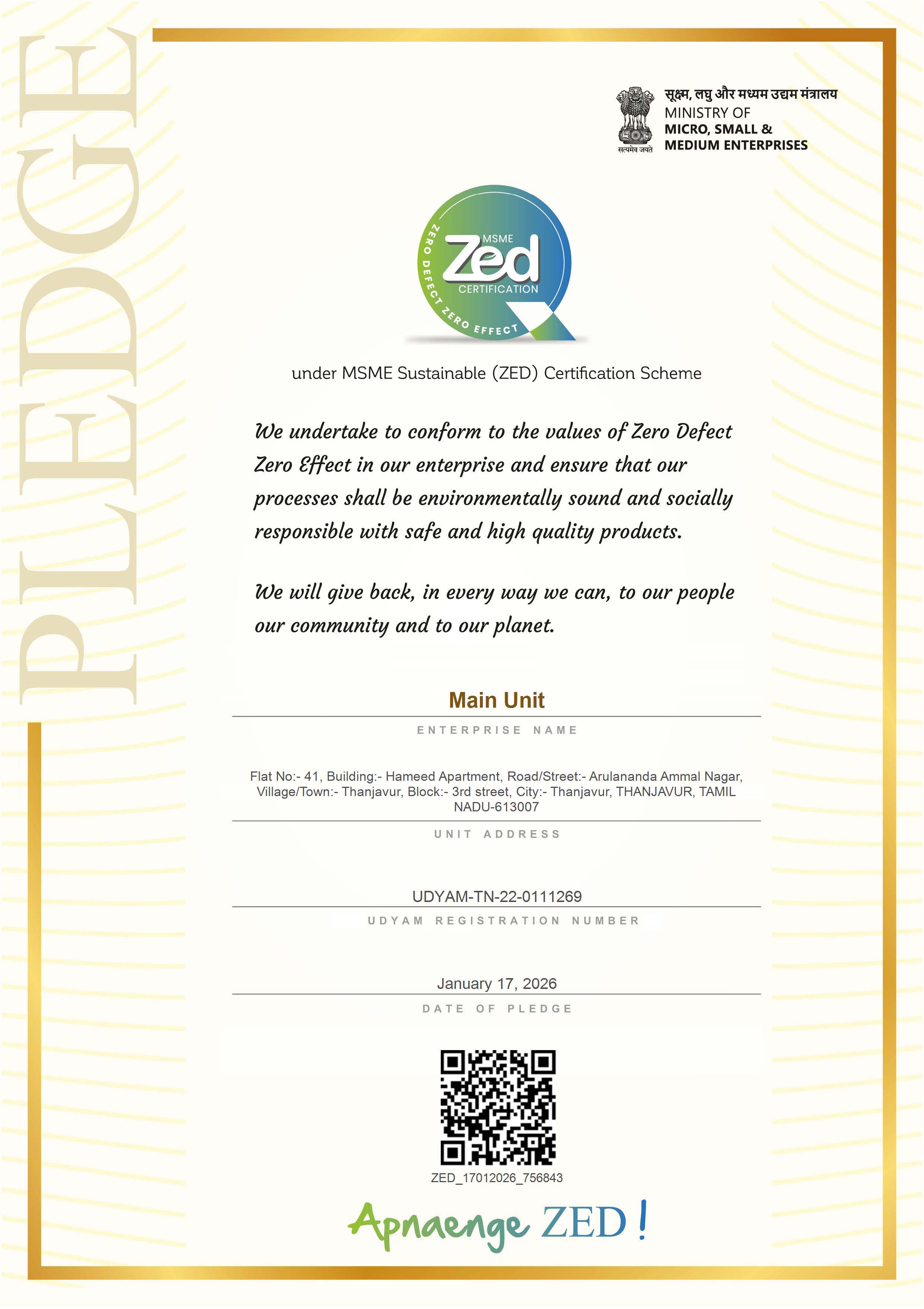 ZED Pledge Certificate